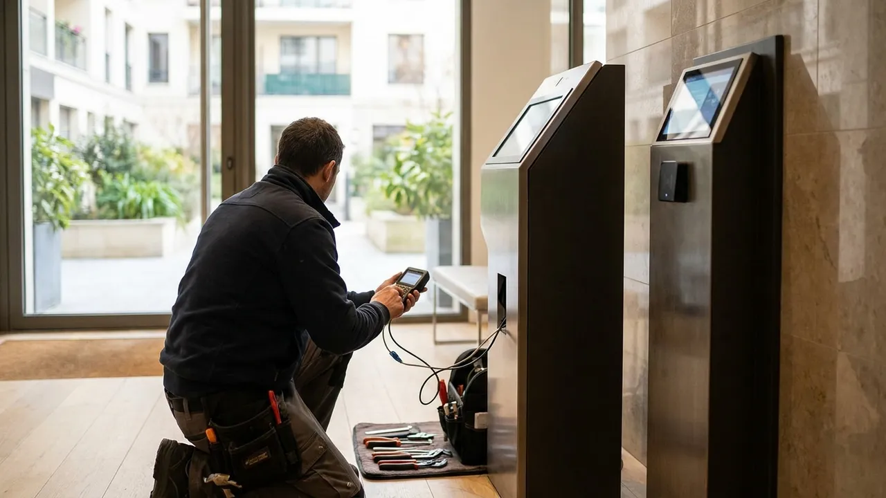 Porte de hall d'immeuble avec contrôle d'accès dans une copropriété de Viroflay
